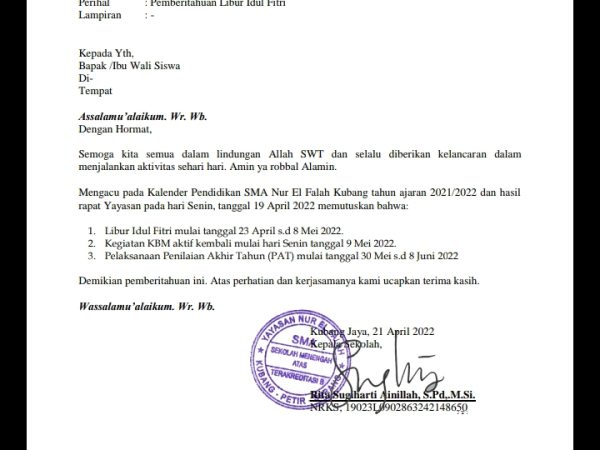 Pemberitahuan Libur Idul Fitri