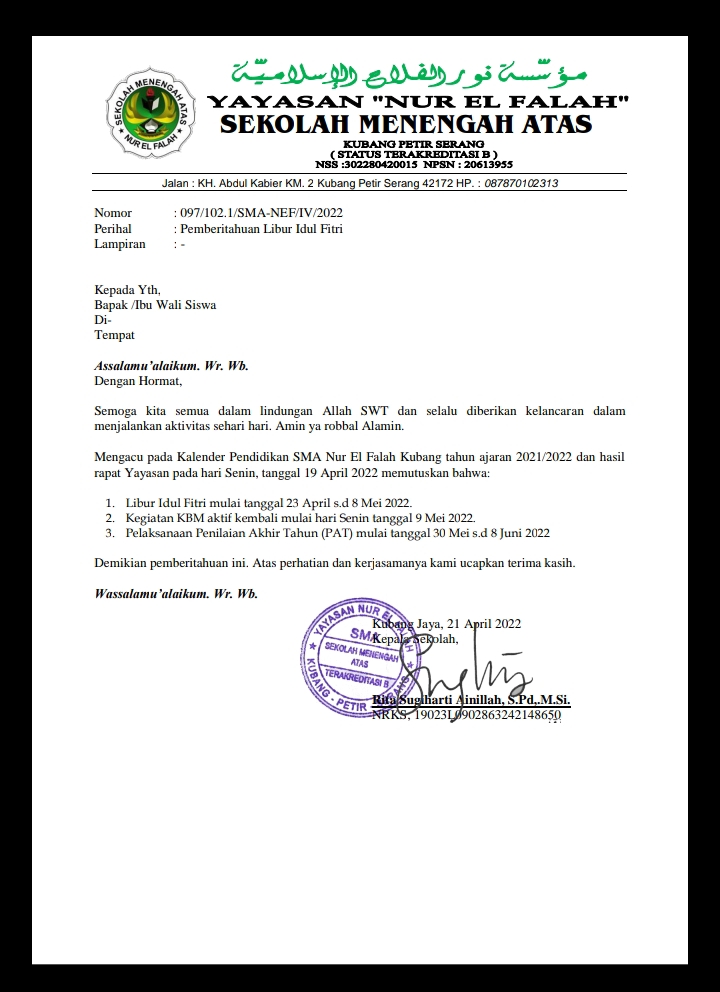 Pemberitahuan Libur Idul Fitri